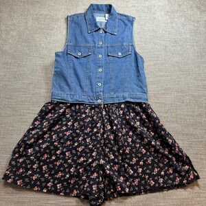 True Blue Denim Floral Romper Womens 7/8 Blue Black  Sleeveless 90s Style